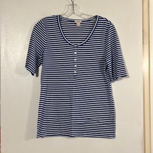 J. Crew blue/white short sleeve round neck with Henley button detail